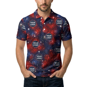 fireworks burst patriotic custom logo navy coral white polo shirt