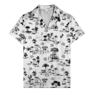 flamingo oasis black palm trees repeat pattern hawaiian shirt for men