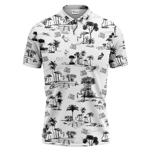 flamingo oasis palm trees sketch pattern black white polo shirt for men