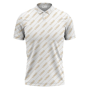 gold custom logo repeat pattern on black luxury minimalist polo shirt