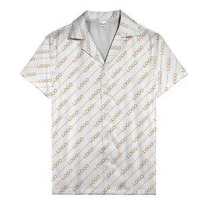 gold diagonal logo repeat pattern on black hawaiian shirt for men