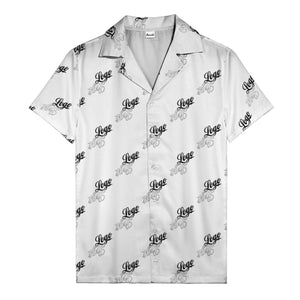 hand-drawn calligraphic script logo repeat black white hawaiian shirt for men