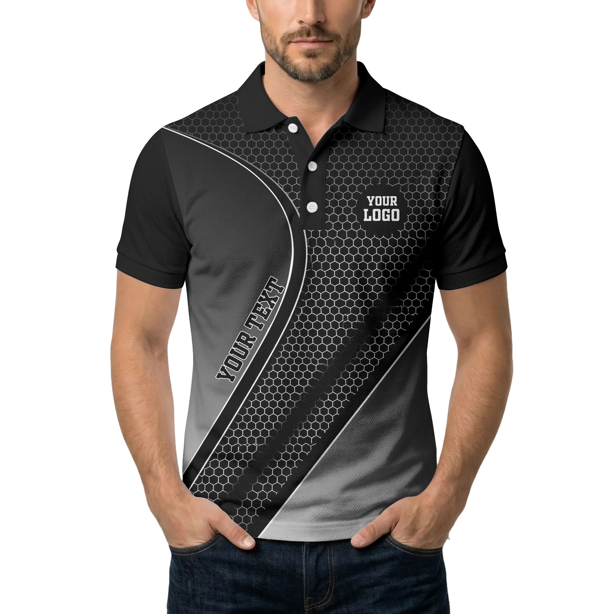 hexagonal gradient geometric print with customizable logo polo shirt