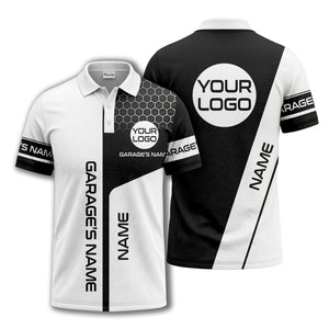 hexagonal grid garage name logo modern automotive polo shirt
