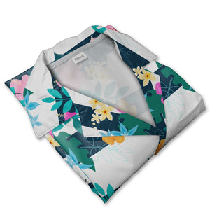Hibiscus Floral Hawaiian Shirt on Navy White Horizontal Stripes