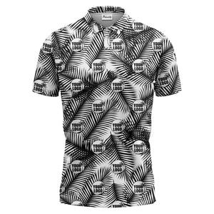 illustrated palm leaf logo repeating tropical polo shirt for men