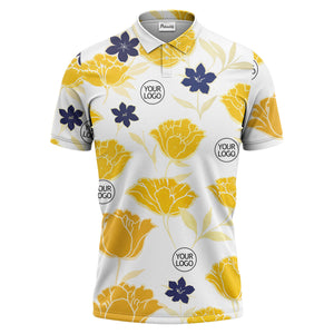 illustrated tropical floral vacation polo shirt splashed with hibiscus leaves