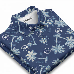 illustrated tropical paradise palm tree and floral polo shirt for men