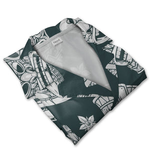 Monochrome Engraving Style Tiki Hawaiian Shirt on Dark Teal