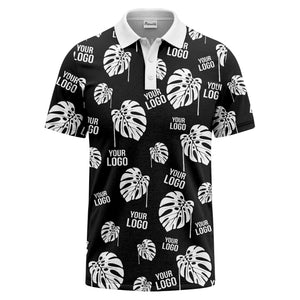 monstera leaves & custom logo repeat black white hawaiian polo shirt