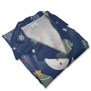 Navy Blue Snowman Holiday Hawaiian Shirt with Poinsettia Holly Pattern