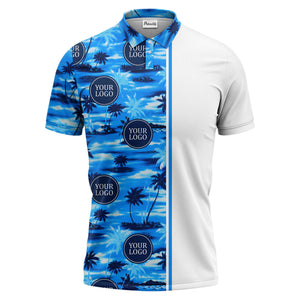 oceanic palm trees & circular logo repeat navy blue tropical beach polo shirt