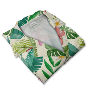 Pale Aqua Blue Watercolor Plumeria Hawaiian Shirt with Ranunculus and Palm
