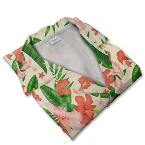 Pale Cream Bell Flower Hibiscus Hawaiian Shirt with Banana and Palm Fronds