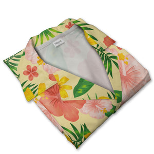 Pale Cream Tropical Lily Hawaiian Shirt with Red Yellow Blooms and Monstera