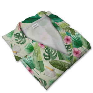 Pale Sage Green Watercolor Monstera Hawaiian Shirt with Anthurium Hibiscus