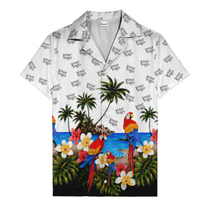 parrot paradise palm trees plumeria beach scene hawaiian shirt