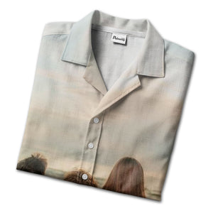 realistic beach family vacation scene hawaiian shirt with sand & surf aloha vibe