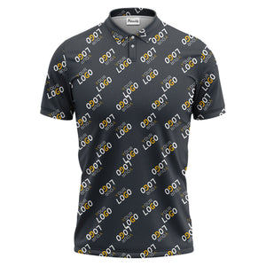 repeating gold logo hawaiian polo shirt with custom text overlay