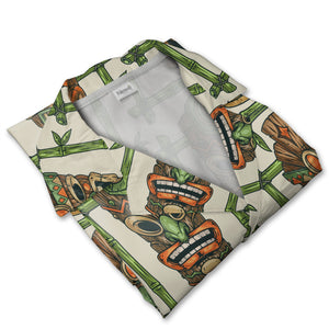 Retro Tiki Mask Hawaiian Shirt with Bamboo Frames on Cream