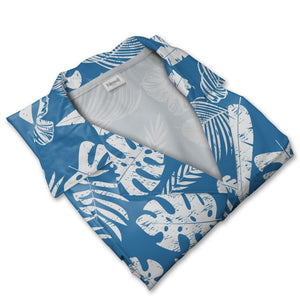 Royal Blue Vintage Distressed Hawaiian Shirt with Monstera and Hibiscus Fern