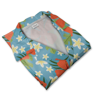 Sky Blue Curved Shape Hibiscus Hawaiian Shirt with Plumeria and Palm Fronds