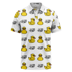 sunglasses rubber duck repeat pattern black yellow fun cartoon golf polo shirt