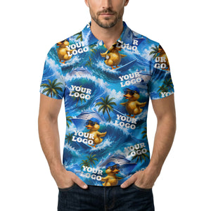 surfing ducks cruise ships palm waves fun cartoon polo shirt for men