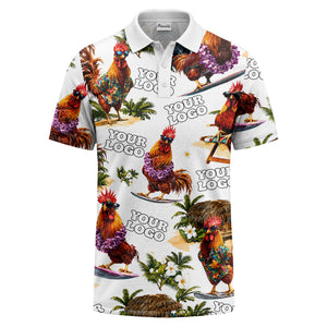 surfing roosters surfboards lei palm trees photorealistic polo shirt