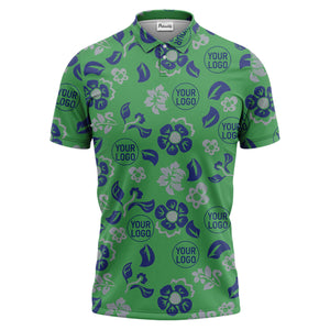 tropical blue floral logo repeating leaves polo shirt for men