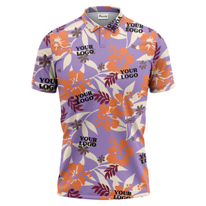 tropical illustrated floral paradise polo shirt bursting with hibiscus and palm leaves