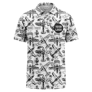 vintage airplane blueprint sketches propeller wings polo shirt for men