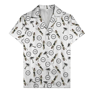 vintage hula dancers palm trees circular logo black hawaiian shirt for men