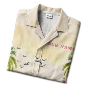 watercolor flamingo cruise ship lighthouse beach scene hawaiian shirt