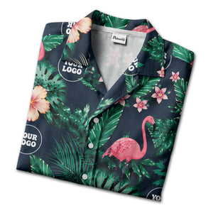 watercolor flamingos among palm leaves & hibiscus navy hawaiian shirt