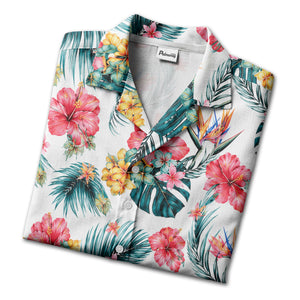 watercolor hibiscus palm birds of paradise hawaiian shirt for beach days