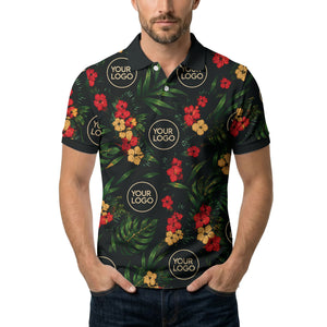 watercolor hibiscus & palm leaves tropical polo shirt for men