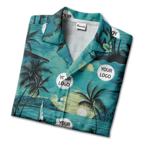 watercolor palm tree sunset sailboat hawaiian shirt