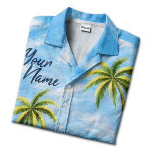 watercolor palm trees sandy beach ocean waves hawaiian shirt