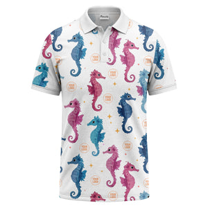 watercolor seahorse repeat marine life polo shirt in pink blue