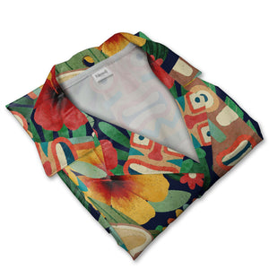 Watercolor Tiki Mask Hawaiian Shirt with Coconuts on Navy Blue