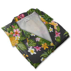 White Brushstroke Pineapple Hawaiian Shirt with Hummingbird on Navy