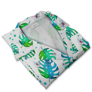 White Watercolor Monstera Hawaiian Shirt with Pink Blue Gradient Flowers