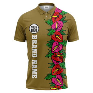 anthurium & emerald leaf stripe coral red polo shirt for men