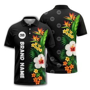 bird of paradise & hibiscus floral polo shirt for men