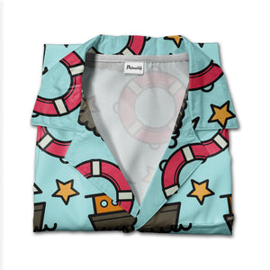 Cartoon Sailboat & Lifebuoy Hawaiian Shirt – Nautical Ocean Wave Pattern