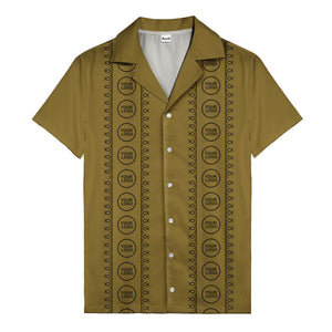 circular logo & fish symbols black hawaiian shirt for men