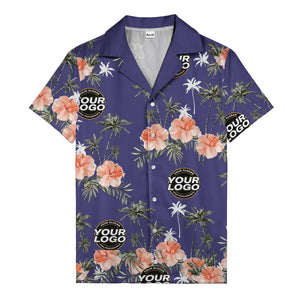 coral pink hibiscus & palm trees on black hawaiian shirt for men