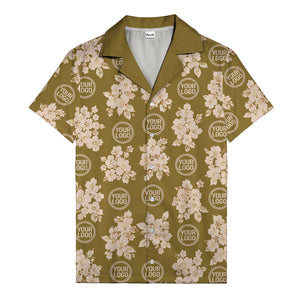 cream floral bouquets & gold circular logos watercolor hawaiian shirt