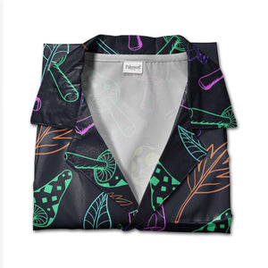 Detailed Botanical Mushroom Hawaiian Shirt with Autumn Leaves on Black